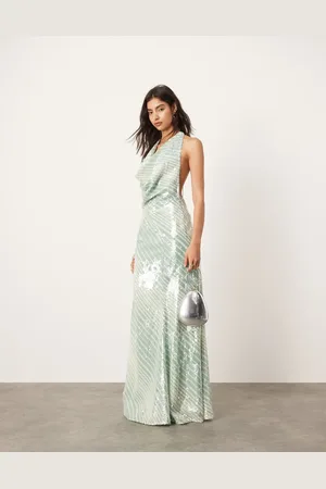 ASOS Allover sequin deep cowl neck maxi dress in mint stripe print
