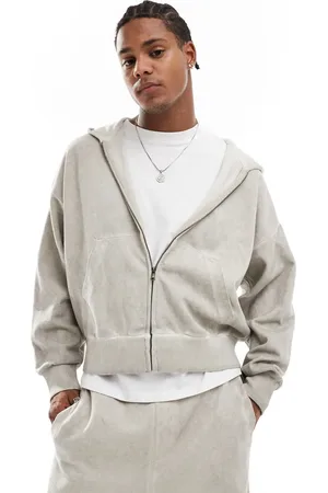 Bershka Washed zip through hoodie tracksuit in stone