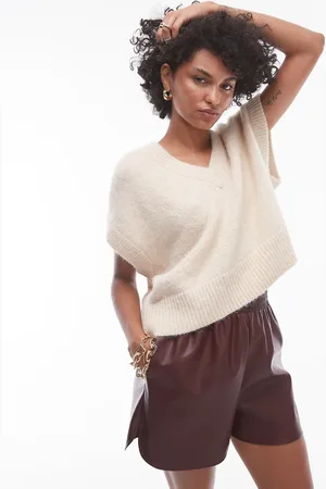 Topshop Knitted v-neck seam front off shoulder relaxed vest in oat