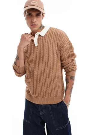 ASOS Relaxed cable knit rugby polo in tan