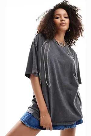 ASOS Oversized t-shirt with silver embellished necklace in washed charcoal