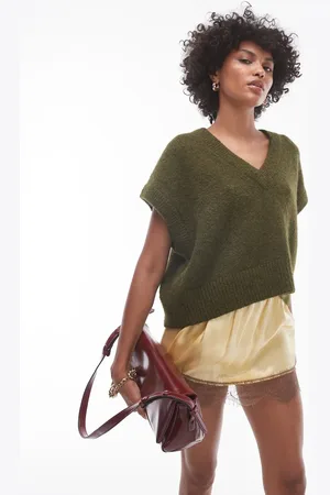 Topshop Knitted v-neck seam front off shoulder relaxed vest in khaki