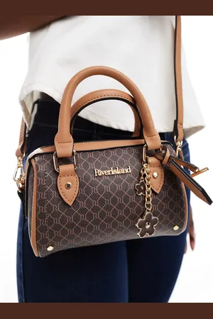 River Island Mini monogrammed bowler bag in dark