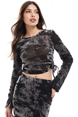 New Look Flocked mesh long sleeve top in black pattern