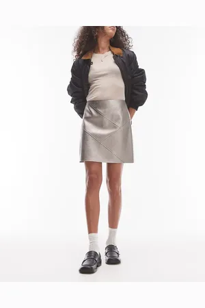 Topshop Faux leather panelled seam pelmet skirt in metallic gunmetal