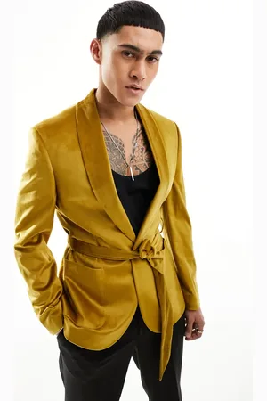 ASOS Super skinny smoking jacket in mustard velvet with belt