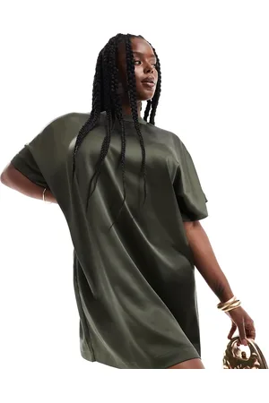 ASOS ASOS DESIGN Curve satin oversized mini tshirt dress in khaki