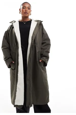 ASOS ASOS DESIGN Curve borg lined longline rain coat in khaki