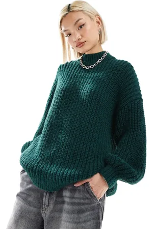 Monki High neck chunky rib knitted jumper with volume sleeve in dark