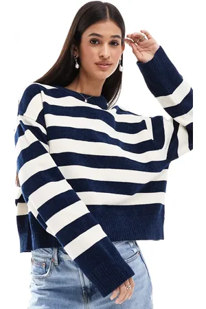 Bershka Chunky crew neck jumper in navy & white stripe
