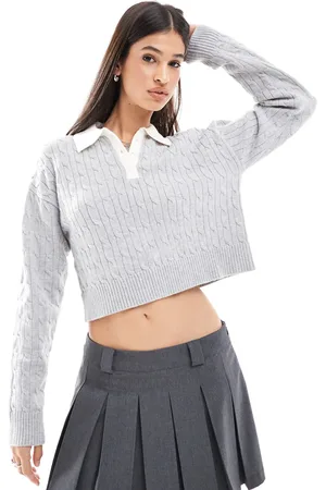 Bershka Cable knit contrast collar jumper in & ecru