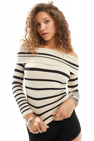 Urban Revivo Striped off shoulder long sleeve jumper in cream