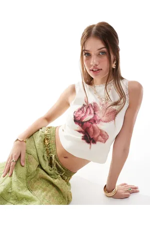 Miss Selfridge Hotfix rose print tank with lace trim in cream
