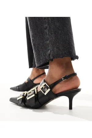 AllSaints Grace buckle sling back leather kitten heeled shoe in