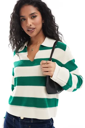 Y.A.S Oversized collar knitted top in birch and green stripe - CREAM