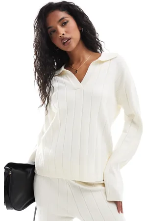 Y.A.S Wide rib knitted jumper co-ord with open polo neck in cream - CREAM