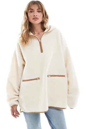 ASOS Half zip cape borg sweatshirt with tan trims in cream