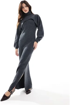 Pieces® Knitted racer neck bodycon maxi dress co-ord in charcoal