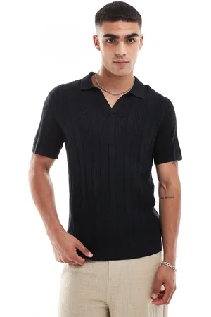 Abercrombie & Fitch Stitch texture stripe open collar knit polo in