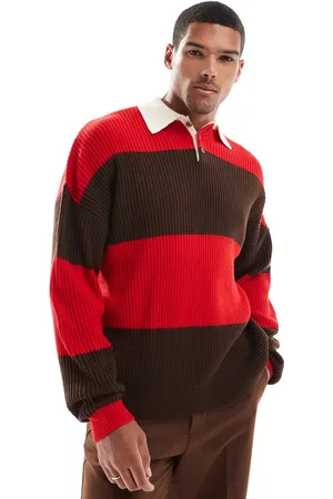 ASOS Relaxed knitted rugby polo in red and brown stripe