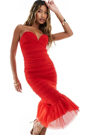 Rare Fashion London mesh sweetheart bandeau midi dress with asymmetric hem in