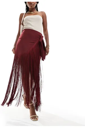 ASOS Fringed satin wrap maxi skirt in burgundy