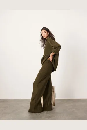 ASOS Knitted rib wide leg trouser co-ord in khaki
