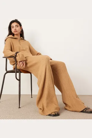 ASOS Knitted rib wide leg trouser co-ord in camel