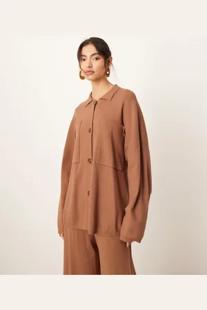 ASOS Knitted button through oversized shirt co-ord in toffee