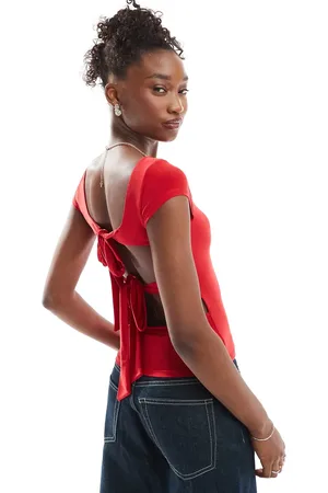 COLLUSION Cap sleeve backless tie top in tomato