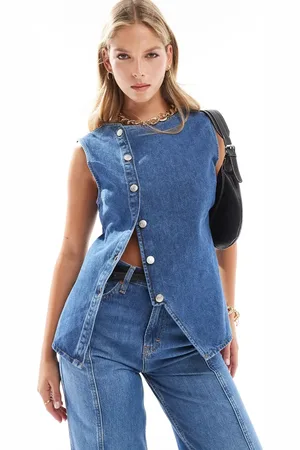 ASOS Denim long line asymmetric waistcoat in mid