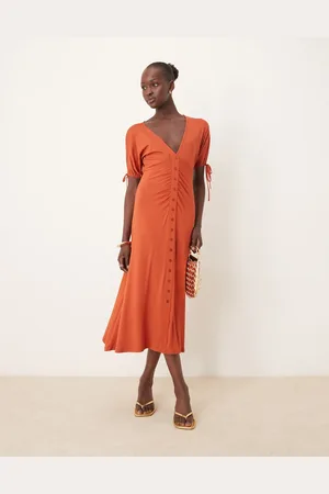 ASOS Button through midi tea dress with tie sleeve in red