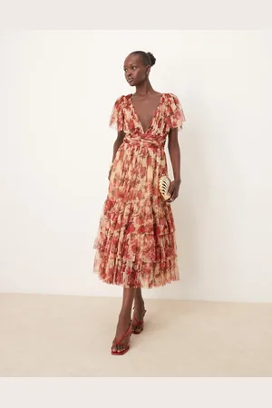 Lace & Beads Bridesmaid Madison v neck tulle midi dress in rose floral