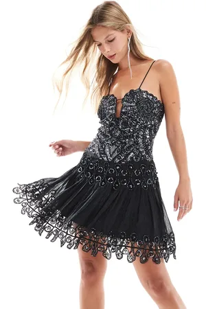 ASOS Embellished crochet lace insert cut out mini skater dress with pephem in
