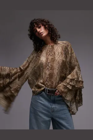 MANGO Snake print ruffle sleeve blouse in