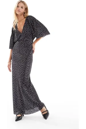 ASOS Plisse v-neck midi dress with batwing sleeve in polka dot print