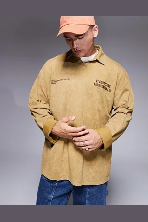 ASOS Oversized long sleeve polo in heavyweight 220gsm washed khaki with chest embroidery