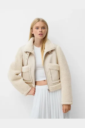 Bershka Shearling and faux leather jacket in cream