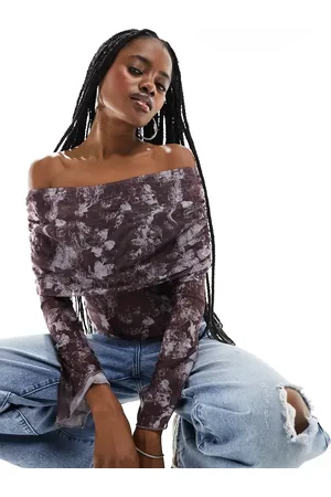 Motel Midnight floral mesh long sleeve fold over bandeau top in