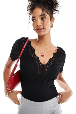 Morgan V neck lace sleeve bodysuit in