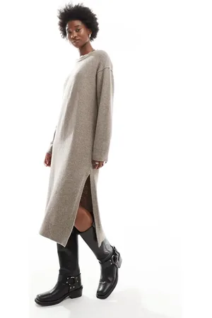 Weekday Funda wool blend knitted midaxi dress with side split in mole melange exclusive to ASOS