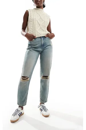 Pimkie High waisted knee rip distressed mom jeans in dirty blue wash