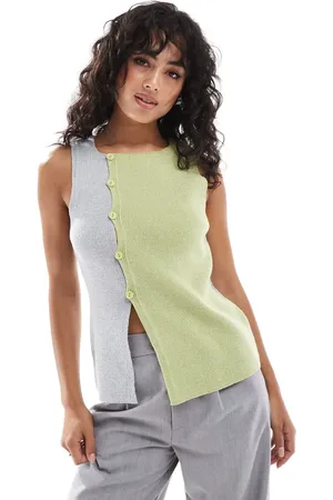 ASOS Knitted asymmetric waistcoat in sage and grey colourblock