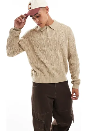 ASOS Relaxed cable knit polo jumper in stone