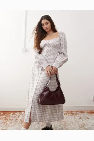 Monki Long sleeve full length square neck dress in check