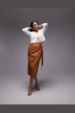 Never Fully Dressed PU wrap midi skirt in camel