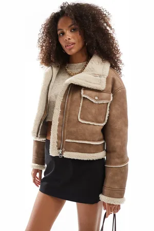 Bershka Shearling trim faux suede jacket in dark tan
