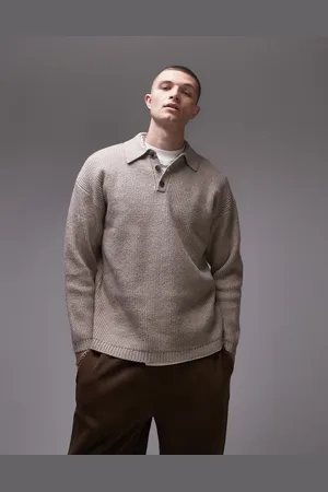 Topman Relaxed fit compact knit polo jumper in oatmeal