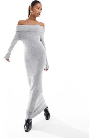 Aria Cove Knitted bardot fold over maxi jumper dress in marl