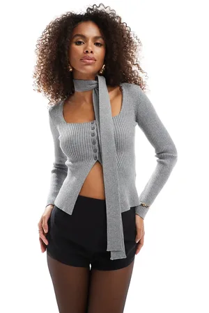Bershka Ribbed cardi with neck tie in